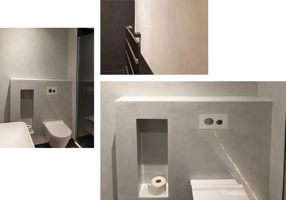 Eine Bilderserie zeigt ein stilvolles Badezimmer mit Toilette, Waschbecken und Spiegel. Ideal für Raumgestaltungsideen.